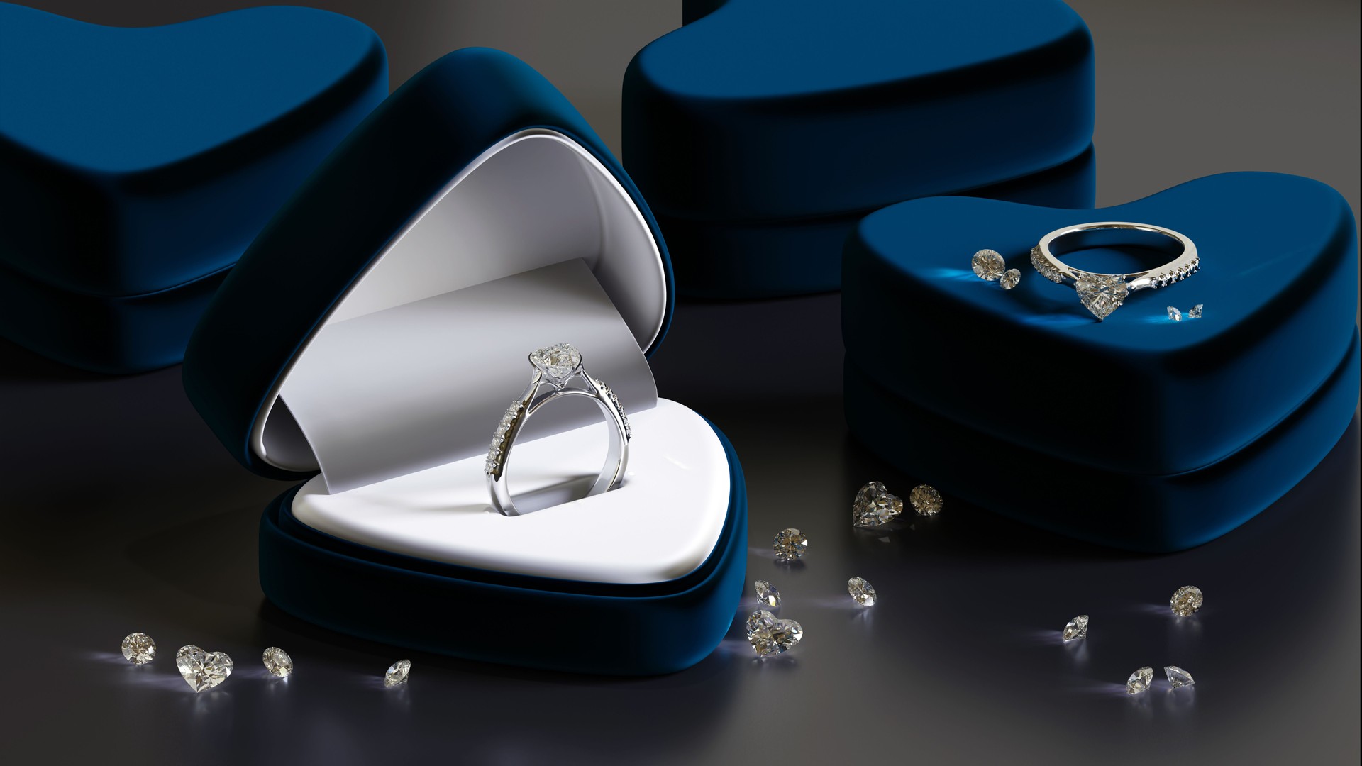 Platinum diamond rings with 3D render design, housed in an open blue velvet jewelry box with diamonds of various sizes on the floor. The concept of a studio in a jewelry store.